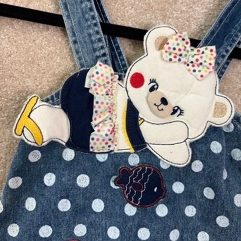 VINTAGE MONAROSETTA Overalls 12M 12 Months Blue Polka Dot Bear Denim Romper - Picture 2 of 6